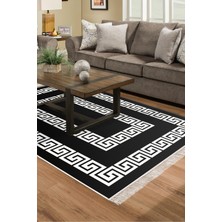 Dekoreko Dijital Salon Halısı Yıldız Deri Kaymaz Taban Saçaklı Modern Starr Siyah