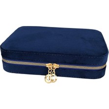 Özer Kutu Fermuarlı Deri (Ahşap Kasalı )Büyük Boy Takı, Seyahat ve Mücevher Çantası Lacivert SÜET(14X21 Cm)