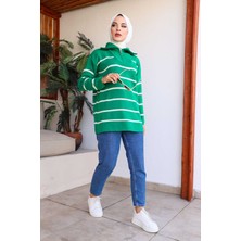 İmaj Butik Yeşil Yaka Fermuarlı Çizgili Triko Tunik