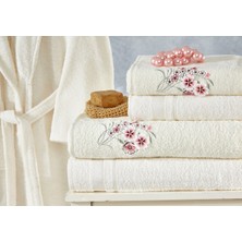 Bonny Home Family Nakışlı Krem & Krem Aile Bornoz Seti 6 Parça Çeyizlik Kadın Erkek Bornoz Banyo Havlu Takımı