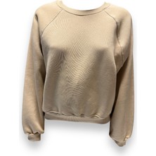 Busem Kadın Sıfır Yaka Üç İplik Owersize Kısa Sweatshırt Bej