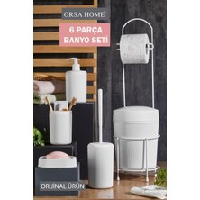Orsa Home Beyaz 6 Parça Banyo Seti Metal Stantlı Çöp Kovalı Wc Kağıtlık ve Tuvalet Fırçası Katı - Sıvı Sabunluk Diş Fırçalık