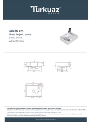 Turkuaz Seramik Sharp 40X30 cm Etajerli Lavabo