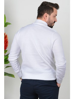 Edwox Erkek Düz Yarım Balıkçı Yaka Slim Fit Triko Kazak Beyaz Edw020