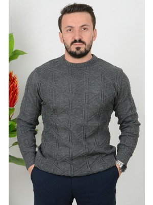 Edwox Erkek Desenli Bisiklet Yaka Slim Fit Triko Kazak Antrasit Edw018