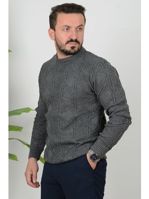 Edwox Erkek Desenli Bisiklet Yaka Slim Fit Triko Kazak Antrasit Edw018