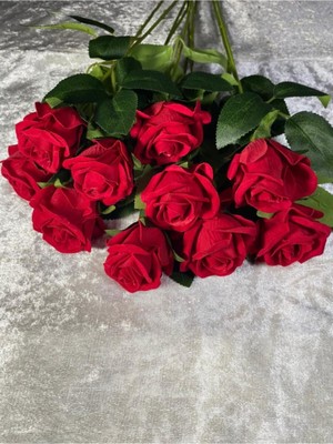 Fesleğen Çiçek Yapay Kadife Gül 10 Adet Kırmızı 50 cm