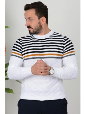 Edwox Erkek Çizgili Bisiklet Yaka Slim Fit Triko Kazak Beyaz Edw019