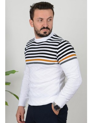 Edwox Erkek Çizgili Bisiklet Yaka Slim Fit Triko Kazak Beyaz Edw019