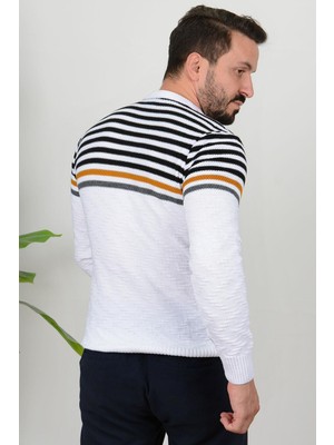 Edwox Erkek Çizgili Bisiklet Yaka Slim Fit Triko Kazak Beyaz Edw019