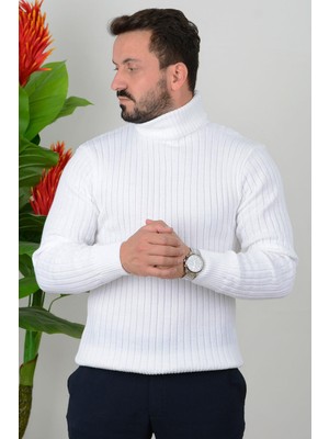 Edwox Erkek Düz Balıkçı Yaka Slim Fit Triko Kazak Beyaz Edw021