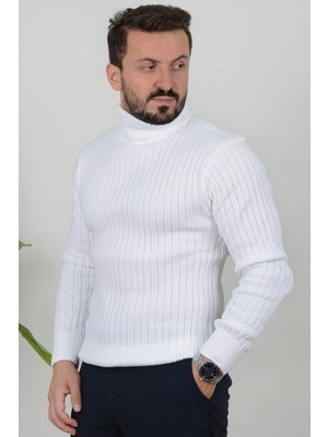 Edwox Erkek Düz Balıkçı Yaka Slim Fit Triko Kazak Beyaz Edw021