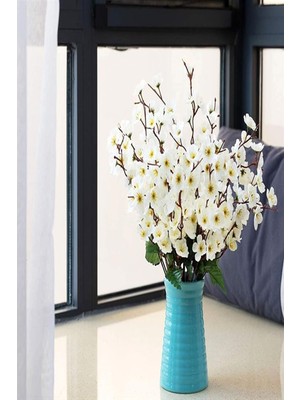 Fesleğen Çiçek Yapay Çiçek Bahardalı Japon Kiraz Çiçeği 7 Dallı 57CM Beyaz