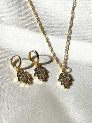 Soiestore Zirkon Taşlı Fatma Ana Eli Kolye Küpe Takı Seti  Altın Kaplama