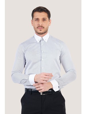 Paşahan Erkek Çizgili Yaka İğneli Slim Fit Gömlek