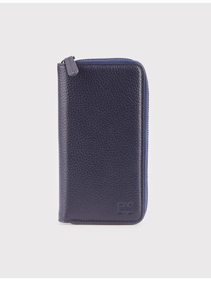 Hakiki Deri Fermuarlı Telefon Bölmeli Lacivert Cüzdan