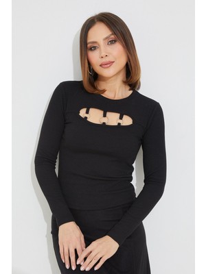 Moda Gerçek Halka Detay Fitilli Crop Bluz Siyah - S