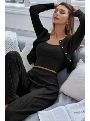 Bella Notte Viskon Siyah 3 Lü Trend Zarif Crop Pijama Takım 7010