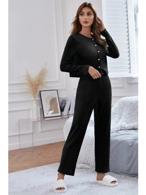 Bella Notte Viskon Siyah 3 Lü Trend Zarif Crop Pijama Takım 7010