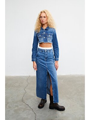 Kuşgözlü crop denim ceket