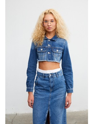 Vatkalı Kuşgözlü Crop Denim Ceket