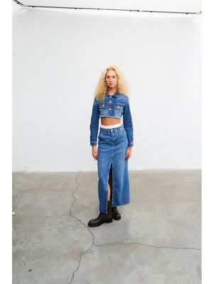 Vatkalı Kuşgözlü Crop Denim Ceket