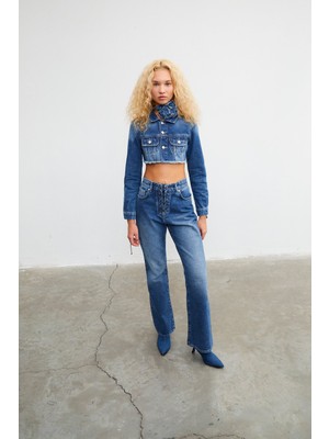 Vatkalı Kuşgözlü Crop Denim Ceket