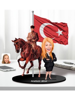 Bk Gift Kişiye Özel Atatürk ve Kadın(Erkek) Öğretmen Temalı 2 Katmanlı Karikatürlü Ahşap Biblo- 1, Öğretmene Hediye, Öğretmenler Günü, 100. Yıl Hediyesi