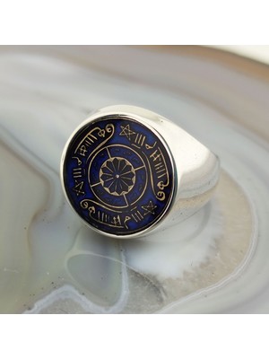 FK Gümüş 925 Ayar Gümüş Mavi Mineli Rufai Gülü Işlemeli Erkek Yüzük