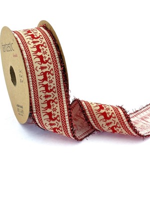 Fantastic Geyik Desenli Dokuma Yılbaşı Kurdelesi (40MM Genişlik - 10MT Uzunluk)
