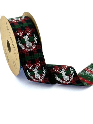 Fantastic Geyik Desenli Simli Dokuma Yılbaşı Kurdelesi (40MM Genişlik - 10MT Uzunluk)