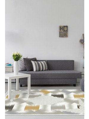 Dekoreko Dijital Salon Halısı Star Pamuk Kaymaz Taban Saçaklı Modern Cleo Krem