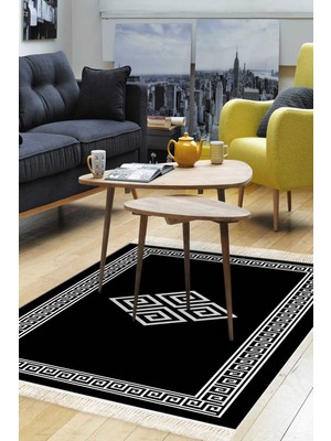 Dekoreko Dijital Salon Halısı Yıldız Deri Kaymaz Taban Saçaklı Modern Kathryn  Siyah