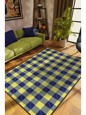 Homshtag Ekose Desenli Halı Sarı Lacivert Renk Salon Halısı Tasarım Halı Hasır Görünümlü Ekose Halı