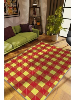 Homshtag Ekose Desenli Halı Sarı Kırmızı Renk Salon Halısı Tasarım Halı Hasır Görünümlü Ekose Halı