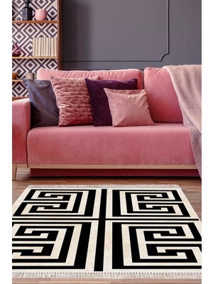 Dekoreko Dijital Salon Halısı Yıldız Deri Kaymaz Taban Saçaklı Modern Jem Siyah