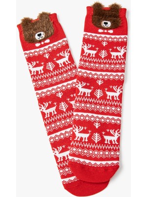 Koton Yılbaşı Desenli Çorap Peluş Ayı Işlemeli