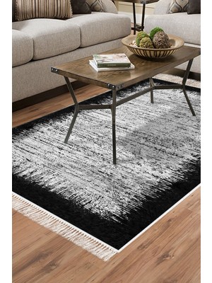 Dekoreko Dijital Salon Halısı Star Pamuk Kaymaz Taban Saçaklı Modern Evelina  Siyah