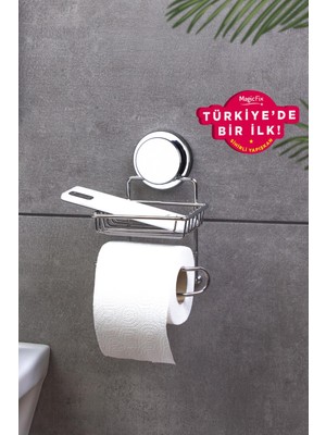Okyanus Home Magic Fix Yapışkanlı Krom WC Kağıtlık Paslanmaz Çelik Su Buharına Dayanıklı Modern Gümüş