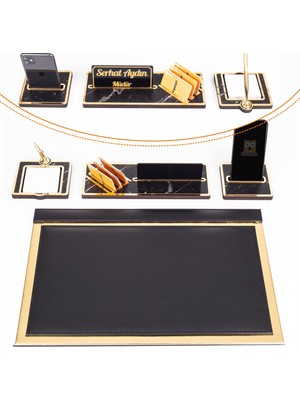 Ofistike Sirius Altın Varaklı Deri Sümen Takımı Gold Ahşap Isi ml ik Seti Isim Yazılı Masa İsimliği