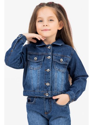 Göğüs Cepli Düğme Kapamalı Kız Çocuk Kot Ceket- Indigo - 7-8 Yaş