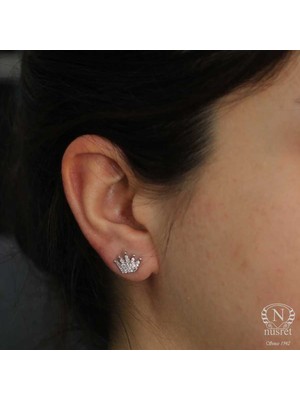 925 Ayar Gümüş Taç Modeli Küpe, Beyaz  - Beyaz Taş