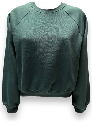 Busem Kadın Sıfır Yaka Üç İplik Owersize Kısa Sweatshırt Yeşil