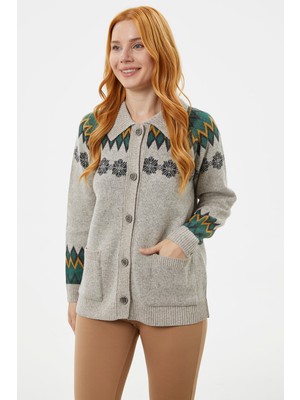 Sementa Düğmeli Kar Tanesi Desenli Triko Hırka - Vizon