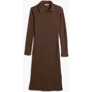 Polo Yaka Elbise Midi Düğmeli Fitilli