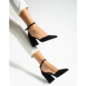 La Limar 85 Cm Siyah Süet Kalın Topuk Bilekten Bağlamalı Stiletto Topuklu Ayakkabı