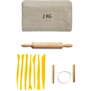 Beyaz Seramik Hamuru 2 kg Plastik Ebeşuar Seti Kil Seti Seramik Kili Ahşap Merdane Çamur Kesme Teli