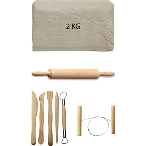 Beyaz Seramik Hamuru 2 kg Ebeşuar Seti Kil Seti Seramik Çamuru Seti Ahşap Merdane Çamur Kesme Teli