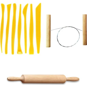 Plastik Ebeşuar Seti 7'li Seramik Seti Çamur Kesme Teli Ahşap Merdane Oyun Hamuru Merdanesi