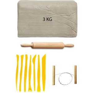 Beyaz Seramik Hamuru 3 kg Plastik Ebeşuar Seti Kil Seti Seramik Kili Ahşap Merdane Çamur Kesme Teli